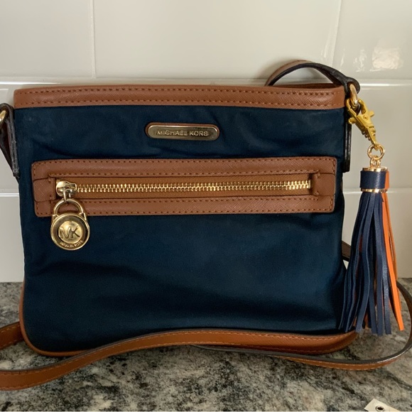 Michael Kors Collection Handbags - Michael Kors blue Nylon purse, caramel leather trim. Crossbody.